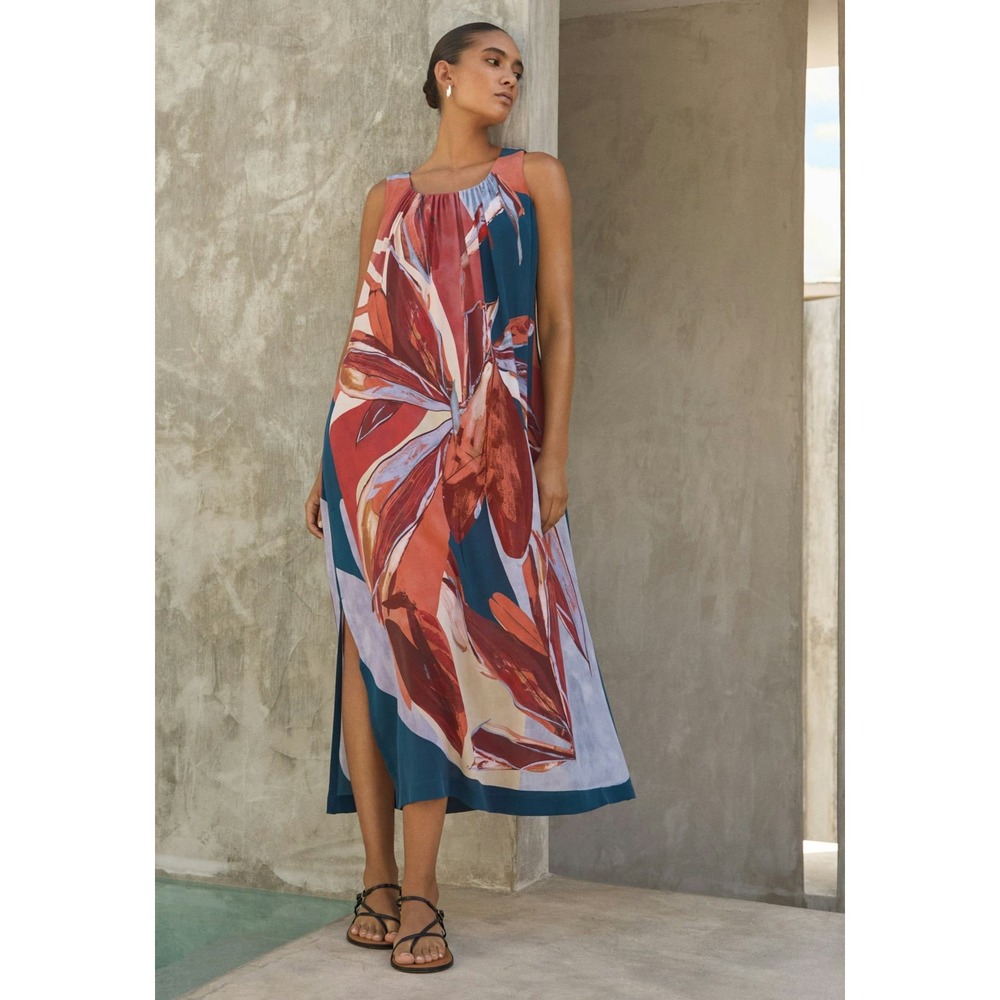 Poetry Printed Silk Sleeveless Dress in Coral Petrol Size 12